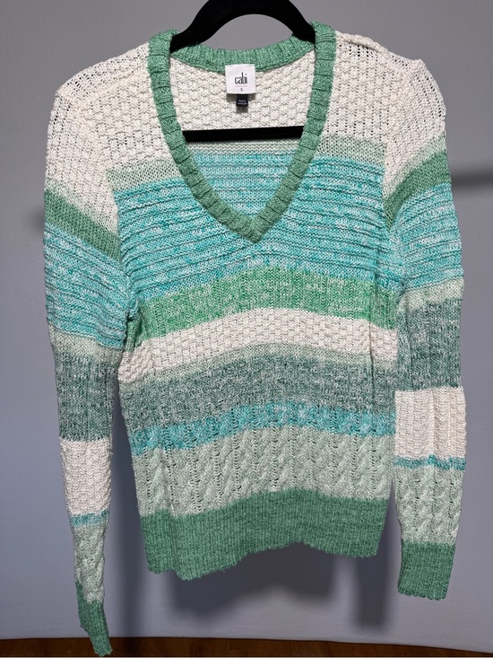 CAbi Sweaters - CAbi Green, Teal & Cream Striped V-Neck Sweater